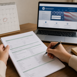 Close-up of hands filling out a U.S. immigration application form on a table, with a pen and a calendar showing a mid-September date nearby